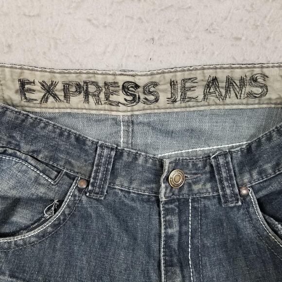 Express Kingston Jeans Mens 34x32 Blue Bootcut Classic Fit Whiskered Lion Denim - Picture 12 of 15